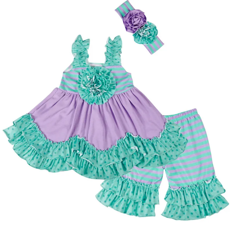 

Clearance Fashion Girls Clothes Children Green and Purple Ruffle Lace Top with Striped Ruffle Short Outfits Kids Clothing Set