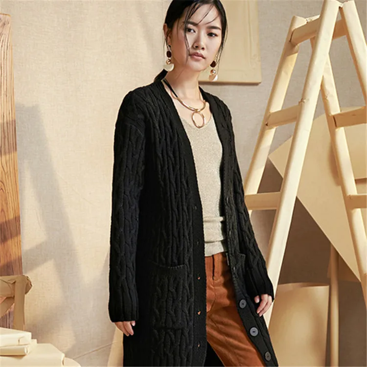 Ручная работа из чистой шерсти Vneck вязаный женский свободный h-прямой длинный кардиган, свитер один и более размер