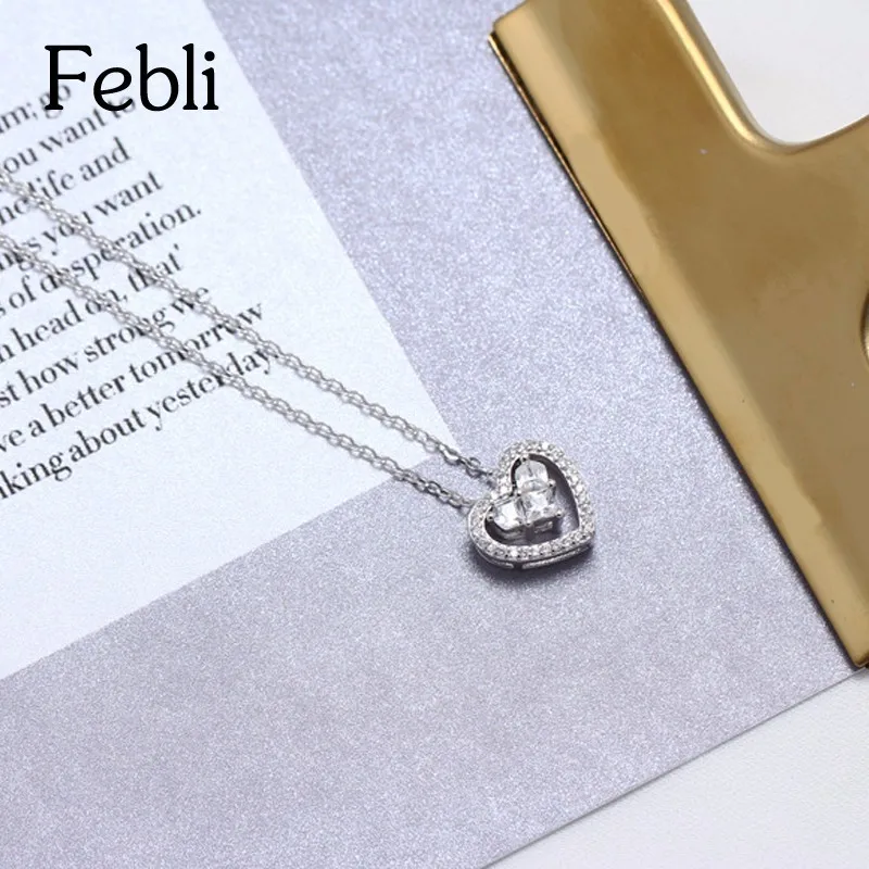 Febli S925 Серебряное сердце ключицы цепи с кубического циркония тонкий и элегантный