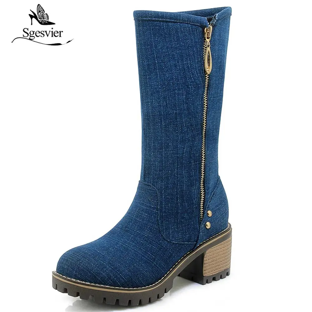 

Sgesvier Women Mid Calf Boots Denim Thick High Heel Round Toe Fashion Zipper Autumn Women Half Boots Botas Size 34-43 OX929