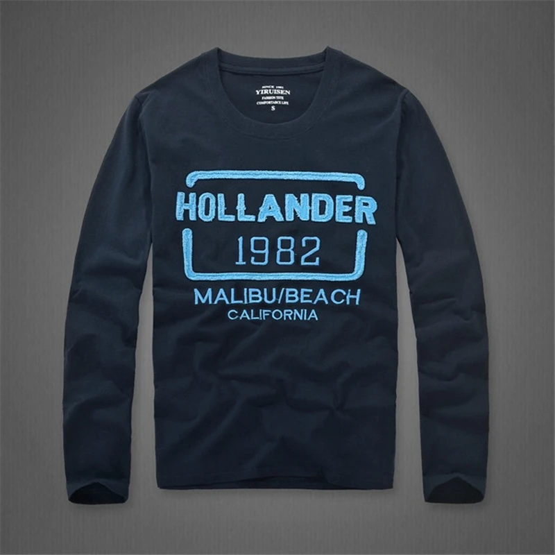 Футболка для мужчин 100% хлопок Вышивка Длинные рукава футболки с О образным