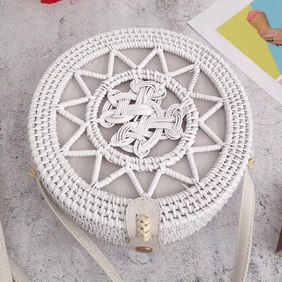 bianhuawhite18x8cm Круглая Соломенная пляжная сумка, винтажная тканая сумка на плечо ручной работы, рафия, круглая ротанговая сумка, богемные летние сумки для отдыха, повседневные сумки - Цвет: bianhuawhite18x8cm