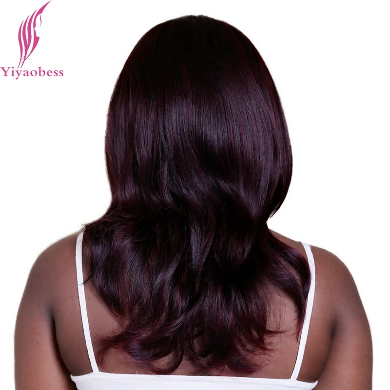 Yiyaobess 40cm Little Wavy Puffy Medium Long Burgundy Wigs For Women Heat Resistant Synthetic Natural African American Hair