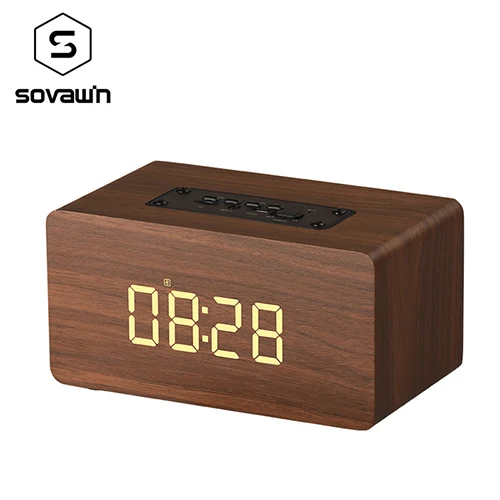 Brown Sovawin Деревянный беспроводной динамик Bluetooth цифровой будильник HIFI Портативный Handfree громкоговоритель с микрофоном Поддержка TF карты MP3 - Цвет: Brown