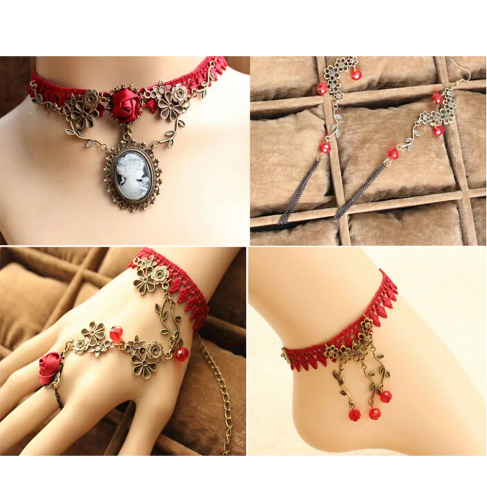 Набор ювелирных изделий Lackingone Fashion Vintage Wine Red Rose Lace Rattan Palace Necklace Bracelet Foot Chain Earrings Wowen.