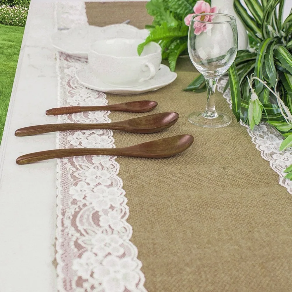 Burlap кружево Hessian настольная дорожка (12x108 дюймов) с 10 шт. натуральный столовое