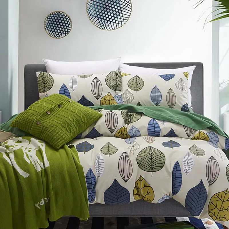 

100% Cotton Sanding Printed Flower Bedding Set Cartoon Bed Sheet set Duvet Cover Pillowcase Queen King 4pcs colorful leaf tree