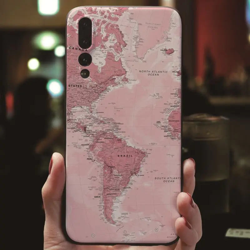 MaiYaCa, розовая карта мира, черный мягкий чехол для телефона iPhone 7, 8, Xr, XS Max, чехол для huawei P9, P10, P20, P20pro, honor 9, 10, V9, V10