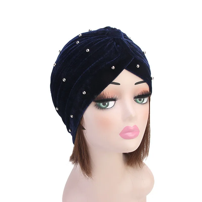 Navy Blue Мусульманская женская бархатная Шапка-тюрбан с оборками, шарф, банданы, раковая шапка Хемо кепки головные уборы, головной убор для девушек аксессуары для волос - Цвет: Navy Blue