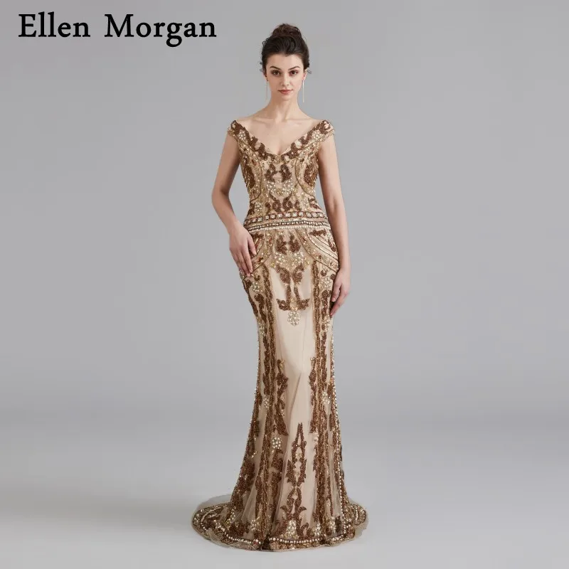 Элегантные вечерние платья русалки 2019 Расшитое бисером с открытыми плечами