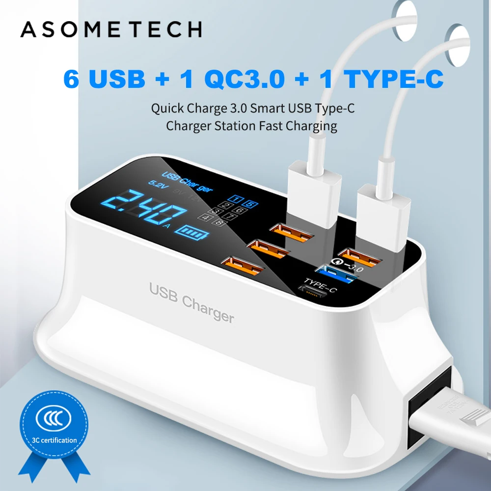 Зарядная станция Asometech с 6 USB портами поддержкой быстрой зарядки 3.0 40 Вт|Зарядные