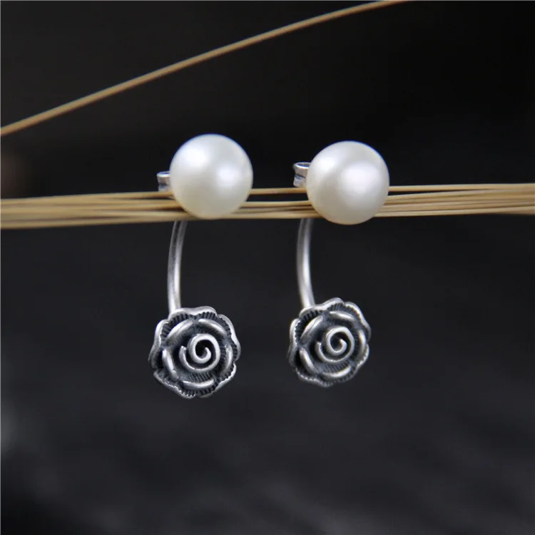 

2018 New Direct Selling Earings Fashion Jewelry S925 Pure South Korea Fashion Both Sides Natural Pearl Earrings Vintage Rose