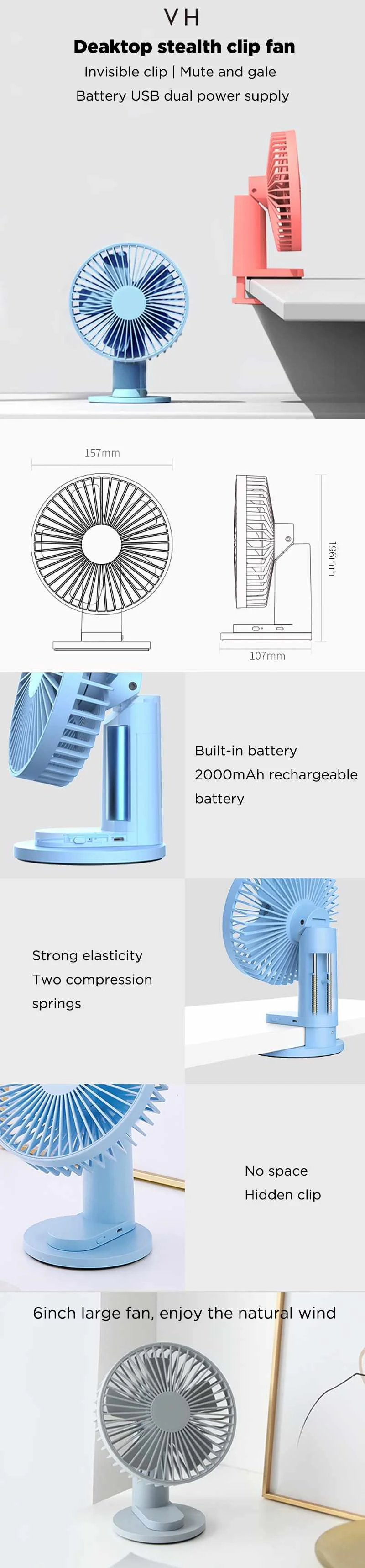 YOUPIN VH 4,5 W 2 в 1 настольный usb-вентилятор с зажимом, вращающийся на 90 °, 3 режима, охлаждающий вентилятор скорости ветра для дома офиса улицы, путешествий
