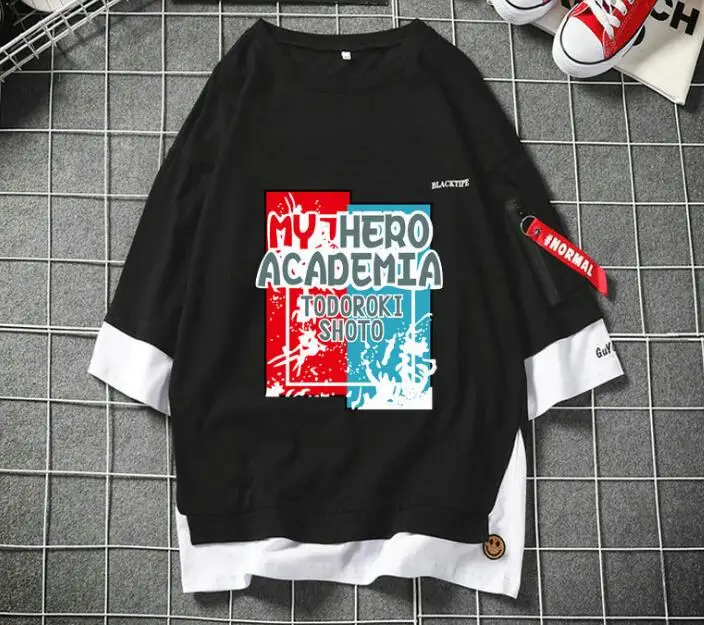 Черный Новинка, футболка с героями аниме «Boku no Hero Academy», маскарадный костюм «My Hero Academy Midoriya izku», модная футболка с имитацией двух частей, топы - Цвет: Черный