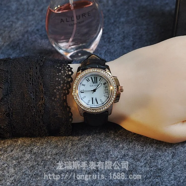Модные брендовые женские Часы Guou со стразами ремешком и календарем прочные