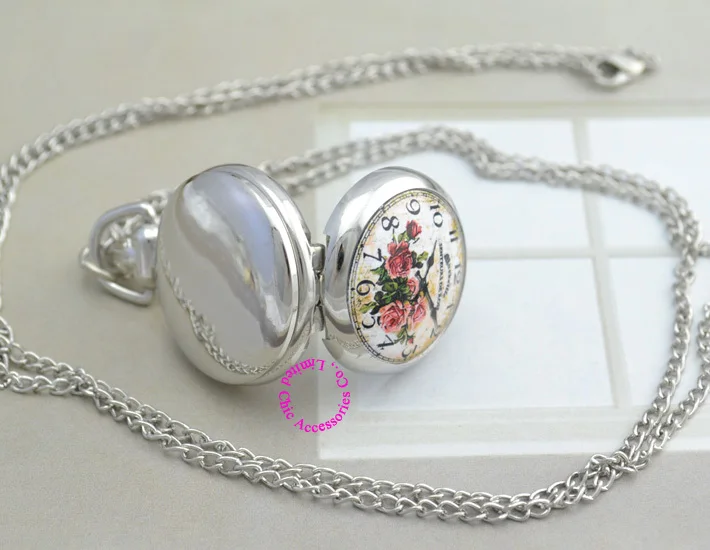 

wholesale buyer colorful flower pocket watch necklace good quality silver enamel fob watches picture antibrittle hour clock
