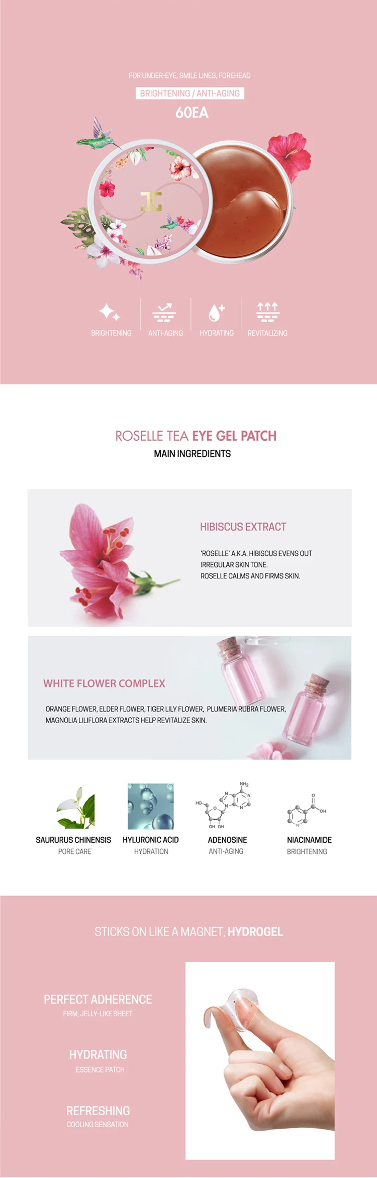JAYJUN green tea/гидрогелевая маска для глаз Roselle, маска для глаз против морщин, удаляет контуры, темные круги, осветляет 60 шт