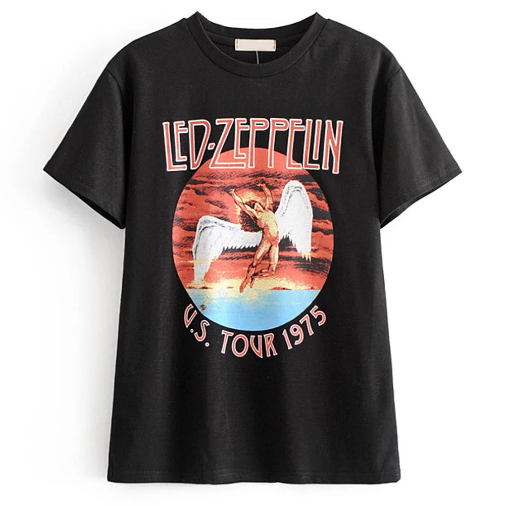 TXJRH модный Led Zeppelin письмо Ангел символ короткий рукав тройник стильный женский пуловер с круглым вырезом хлопок футболка Топы 2 цвета - Цвет: Black