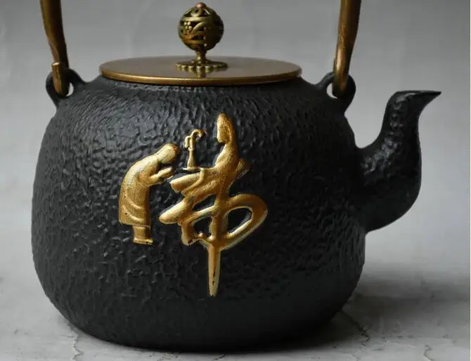 9&quot China iron Pot Gilt Buddha Monk Portable Lid Kettle Teakettle Teapot Chinese | Statues &amp Sculptures