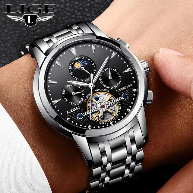 LIGE для мужчин часы Self-Wind Tourbillon механические водостойкий Автоматический Скелет