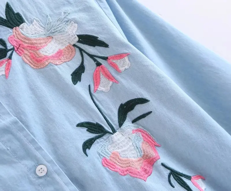 Винтаж цветочный Вышивка синие джинсы блузка рубашка Для женщин 2017 Новая мода