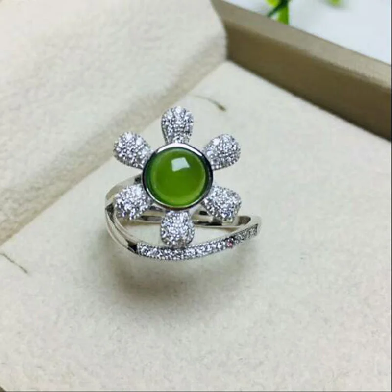 

S925 Sterling Silver Natural Green Jasper Mosaic Ring Sun Flower Lucky Charm Women Jewellery