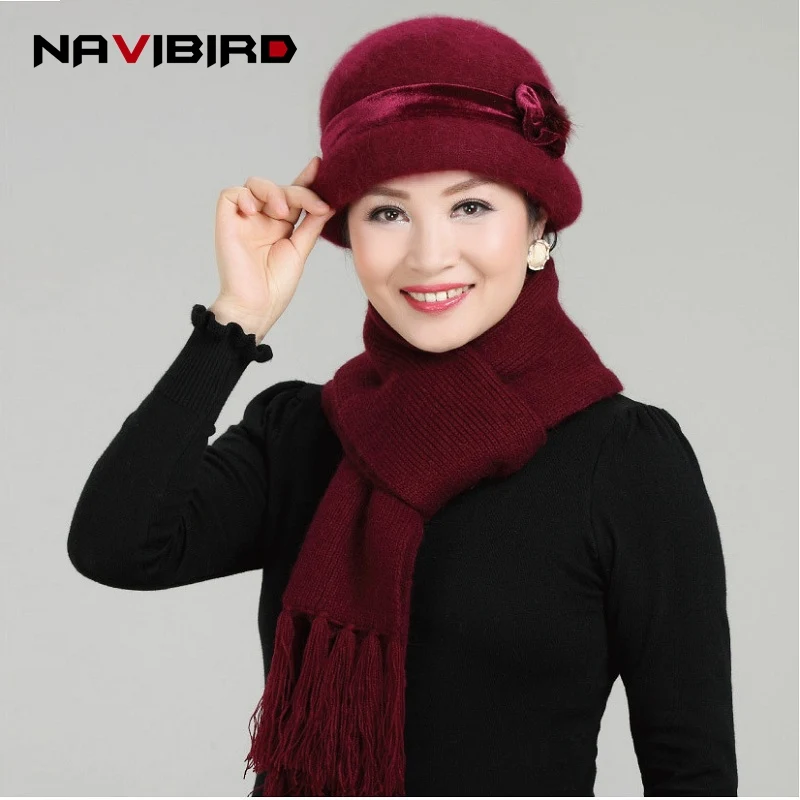 red hat and scarf Цветочная шерстяная Круглая Шапочка с черепом, женская шапка, наборы, меховые шапочки с кроликом, теплая Кепка для улицы Casquett, зимняя шапка - Цвет: red hat and scarf