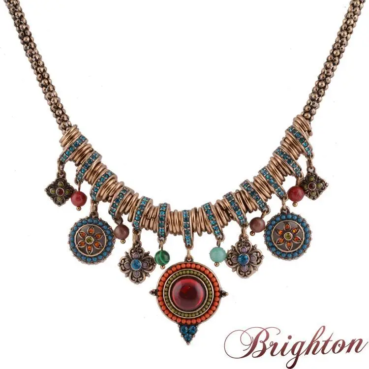 2015 New Retro jewelry gold plated colourful resin stone&beads pendant bohemian style vintage women statement necklace K13908|necklace with cross