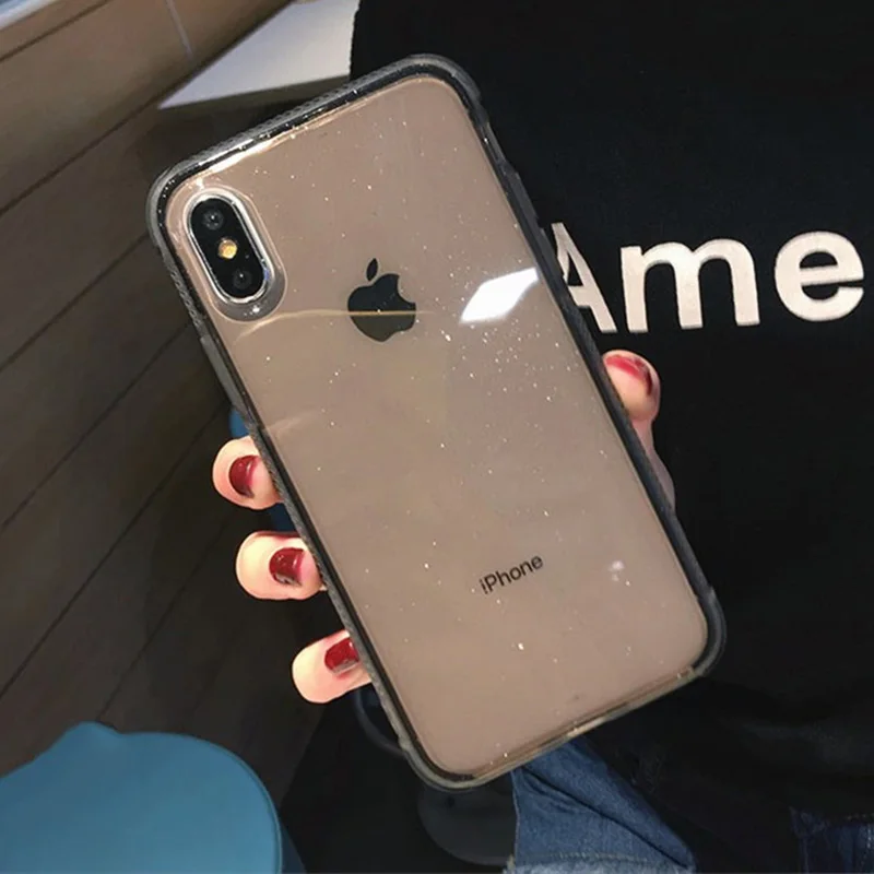 BLACK Блестящие Порошковые чехлы для телефонов iPhone X, XR, XS, MAX, XMAX, 10, 8, 7 Plus, 6, 6 S, прозрачный мягкий ТПУ противоударный чехол с логотипом - Цвет: BLACK