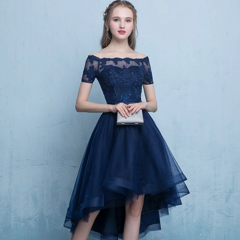 Платье вечернее Navy Blue с завязками на шнуровке с аппликациями короткое спереди, длинное сзади, платье на вечеринку с применением блесток и шифона.