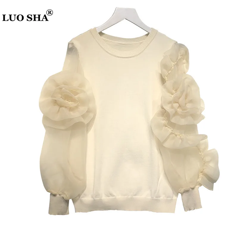 LUOSHA Women 2020 Spring Summer Knitted Organza Patchwork Lantern Sleeve 3D Flower Pullover Sweater Top Fashion Tops Mujer Femme | Женская