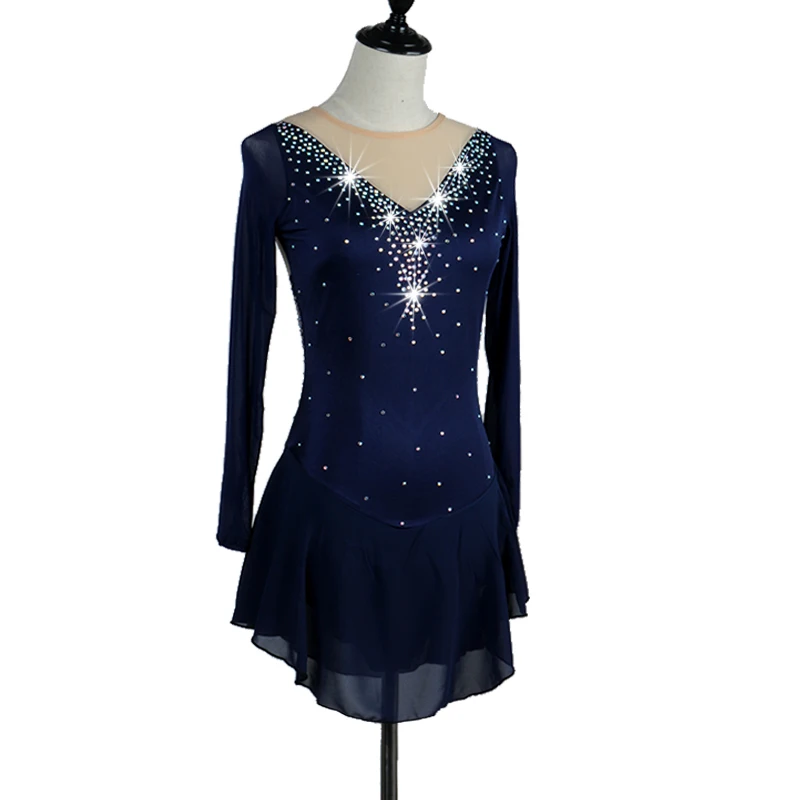 Платье женское для катания на коньках с блестками из синего спандекса|ballroom wear|latino