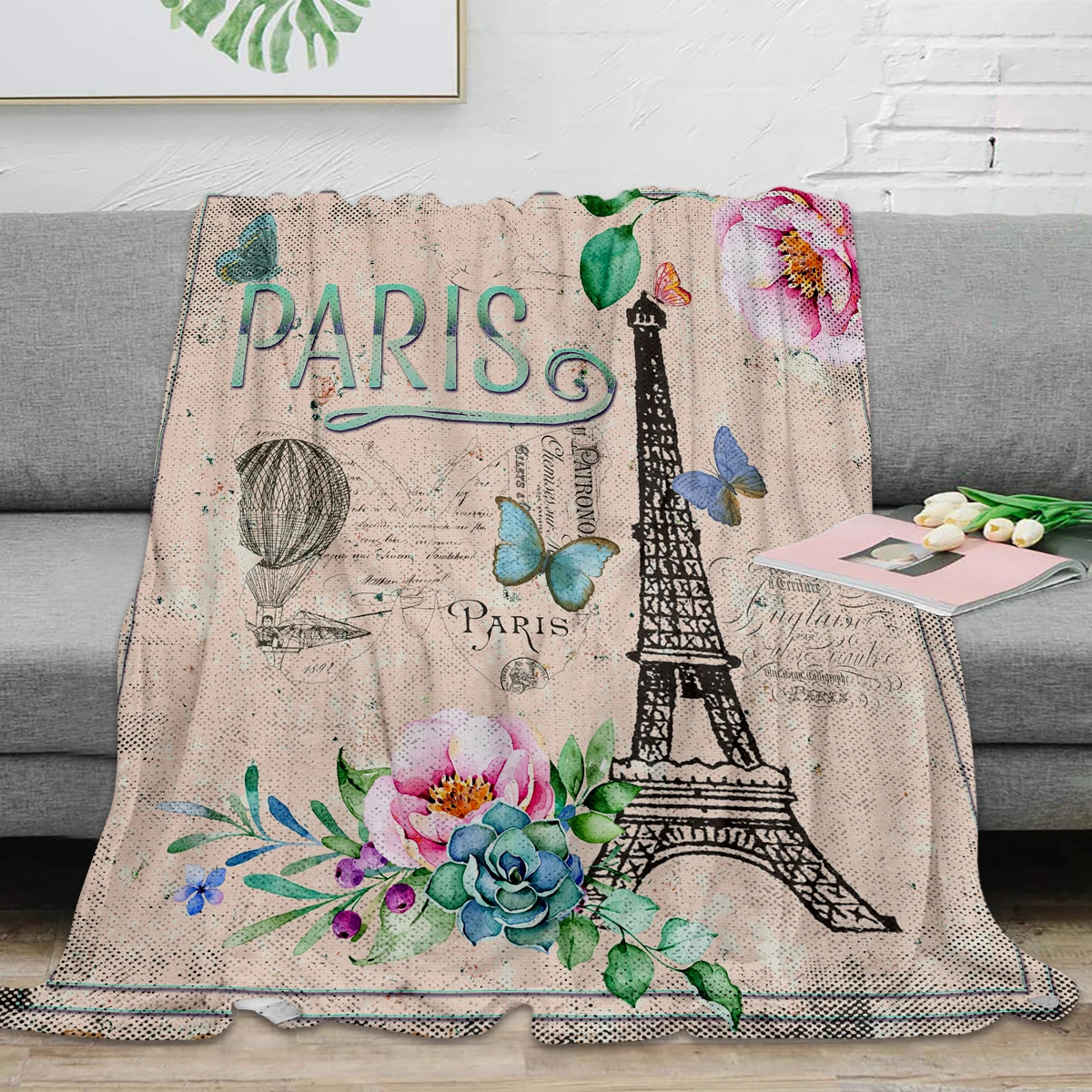 Французское винтажное одеяло с надписью Paris My Love теплое из микрофибры фланелевое