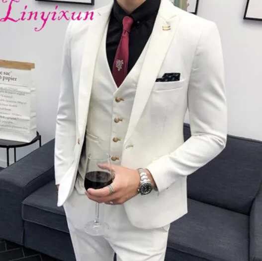 Linyixun 3 шт. мужской костюм в Корейском стиле осенне зимнее Зауженное платье белые