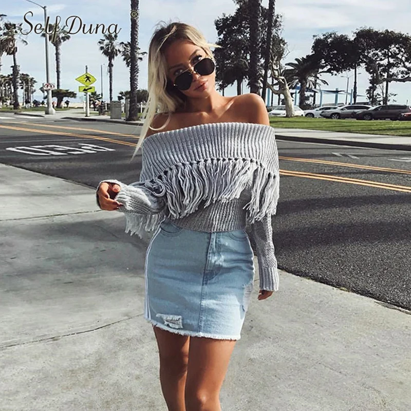 Self Duna 2018 Autumn Winter Off Shoulder Sweater Sexy Backless Jumper Women Pullover Tricot Slash Neck Tassel Knitted | Женская одежда