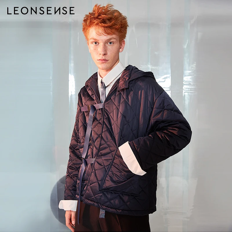 Leonsense зимние парки с капюшоном для мужчин куртка модная рубашка плед карман