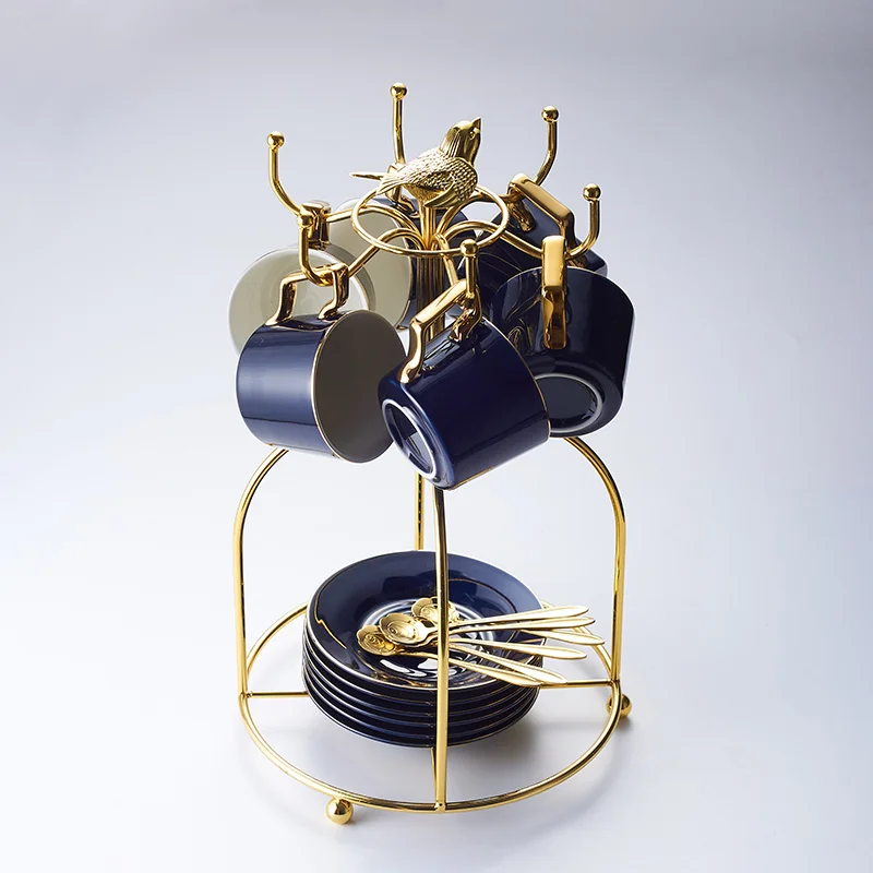 Blue 6Cups Birdcage Выразительная фарфоровая кофейная чашка, блюдце, ложка, набор, 200 мл, Скандинавская чайная чашка, керамический чайный набор, расширенная чайная чашка, кофейная чашка эспрессо, Прямая поставка - Цвет: Blue 6Cups Birdcage
