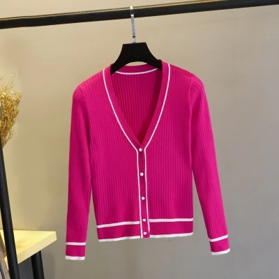 Rose Red YAGENZ полосатый кардиган, женские вязаные свитера, весеннее и осеннее пальто с v-образным вырезом, плюс размер, женский тонкий свитер с длинным рукавом, короткое пальто - Цвет: Rose Red