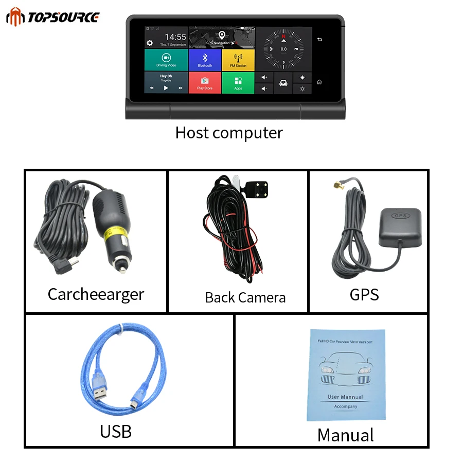 Topsource 4G Автомобильный gps навигатор Android 5,0 Bluetooth ПЗУ 16 Гб ОЗУ 1 Гб Full HD 1080 P Enregistreur видео avec deux камеры