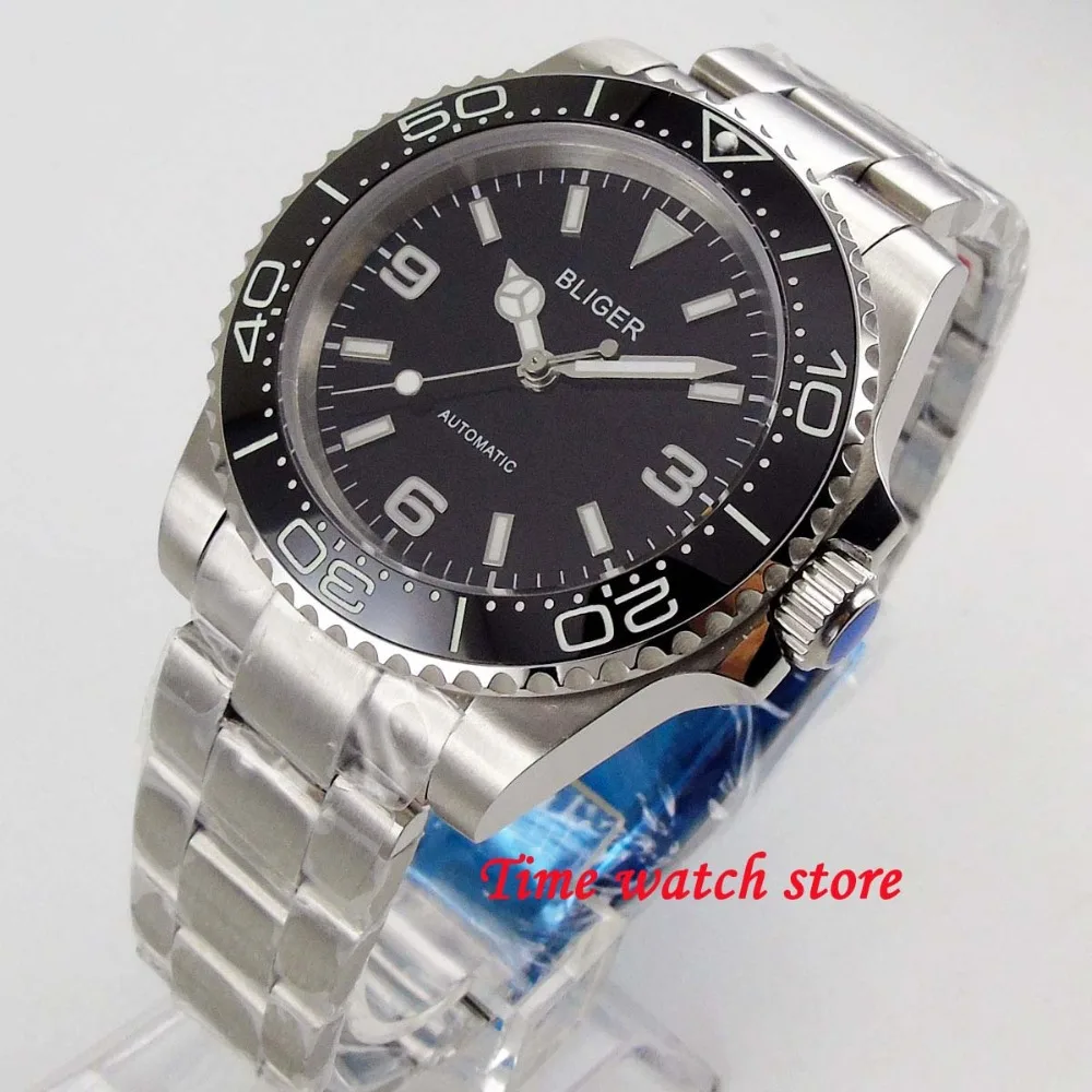 

Solid 40mm BLIGER black dial men's watch sapphire glass luminous black ceramic bezel 21 jewels MIYOTA Automatic movement 206