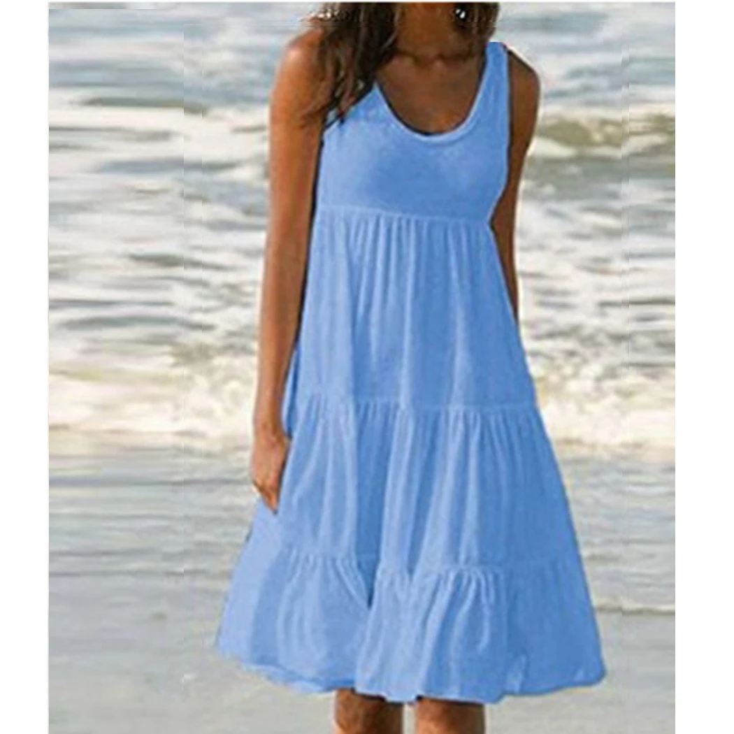 Женское праздничное платье на бретелях с рюшами 2019 летнее однотонное пляжное без