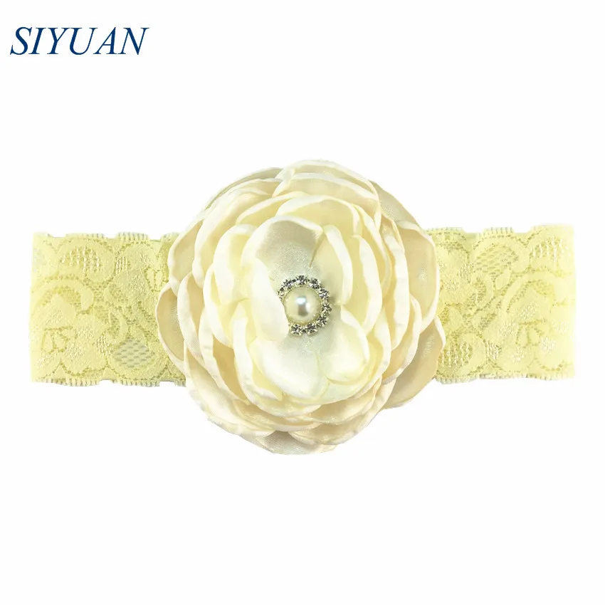 1pcs/lot Elastic Lace Headband with Luxe 7 Layer Burned Satin Flower Rhinstone Button Centered Girl Party Headwear HB066 | Аксессуары