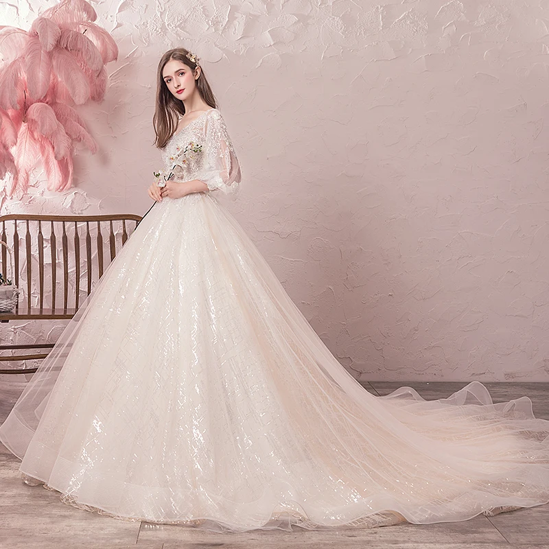 Женское свадебное платье SSYfashion Белое Бальное Платье до пола со шлейфом v-образным