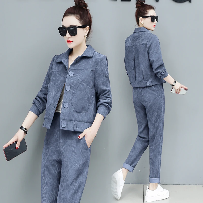 

Corduroy Spring 2 Piece Set Women Leisure Tracksuit Casual Ensemble Femme Deux Pieces Conjunto Feminino Trousers Suit Set