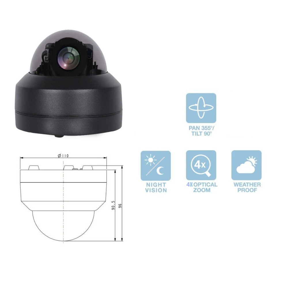 5MP PTZ IP камера CCTV Камера Крытый функции панорамирования, наклона и 4xzoom черный металл ONVIF обнаружения движения видеонаблюдения сети IP CCTV Камера возможностью погружения на глубину до 30 м ИК