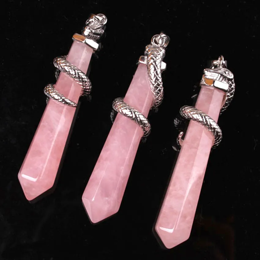 

Trendy-beads Attractive Design Silver Plated Snake Wrap Hexagon Prism Natural Rose Pink Quartz Pendant Animal Jewelry