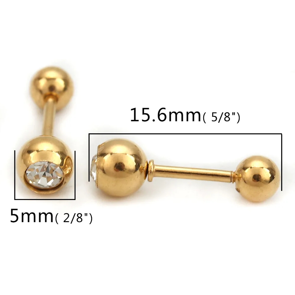 

316 Stainless Steel Ear Post Stud Earrings Gold Round Screwed Off Cubic Zirconia 3mm/4mm/5mm/6mm( 2/8") Dia.,1Set ( 12Pairs/Set)