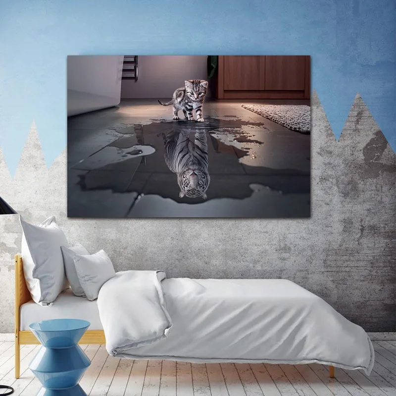 HD печать милые животные постеры Кот отражение Тигр искусство холст настенная