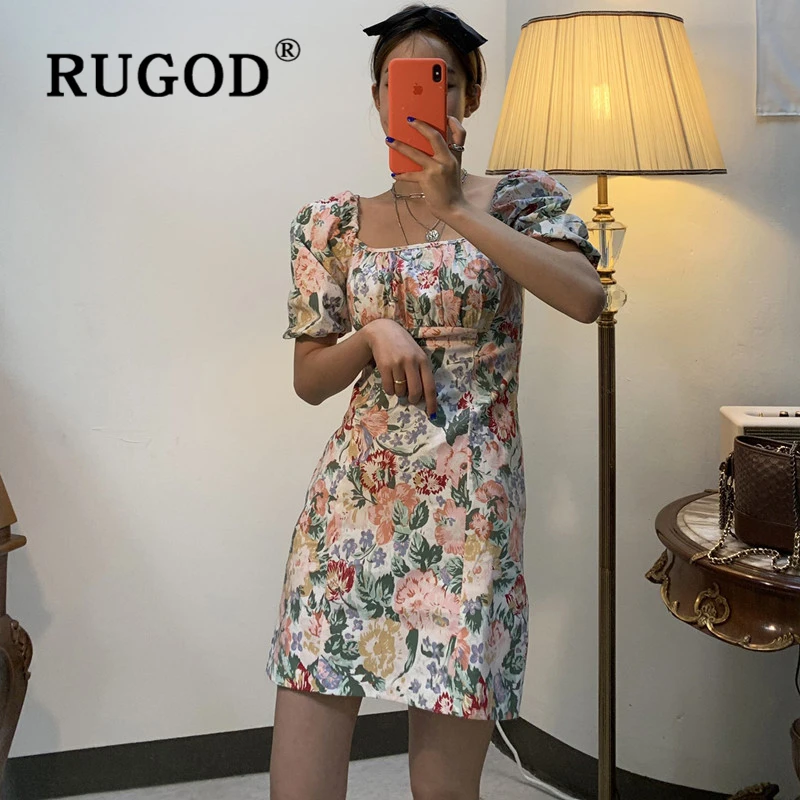 Женское платье RUGOD винтажное мини с цветочным принтом корейское шикарное офисное