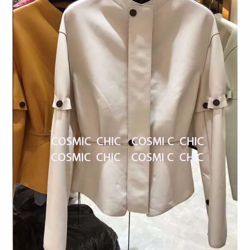 Cosmicchic Женская куртка из натуральной овчины со стоячим воротником с длинным рукавом, высокое качество, подиумная Элегантная куртка из овчины